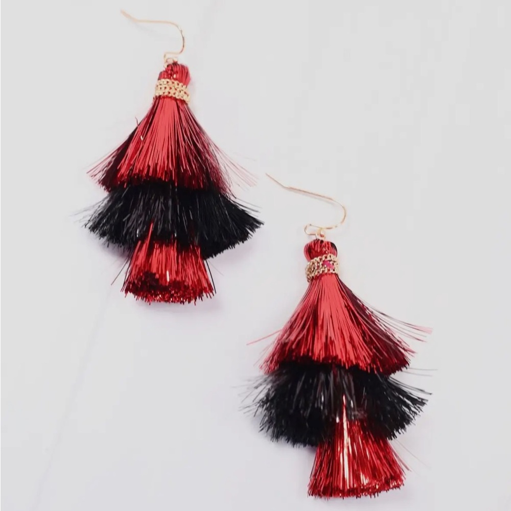 Red & Black Tassel Earrings in Gold